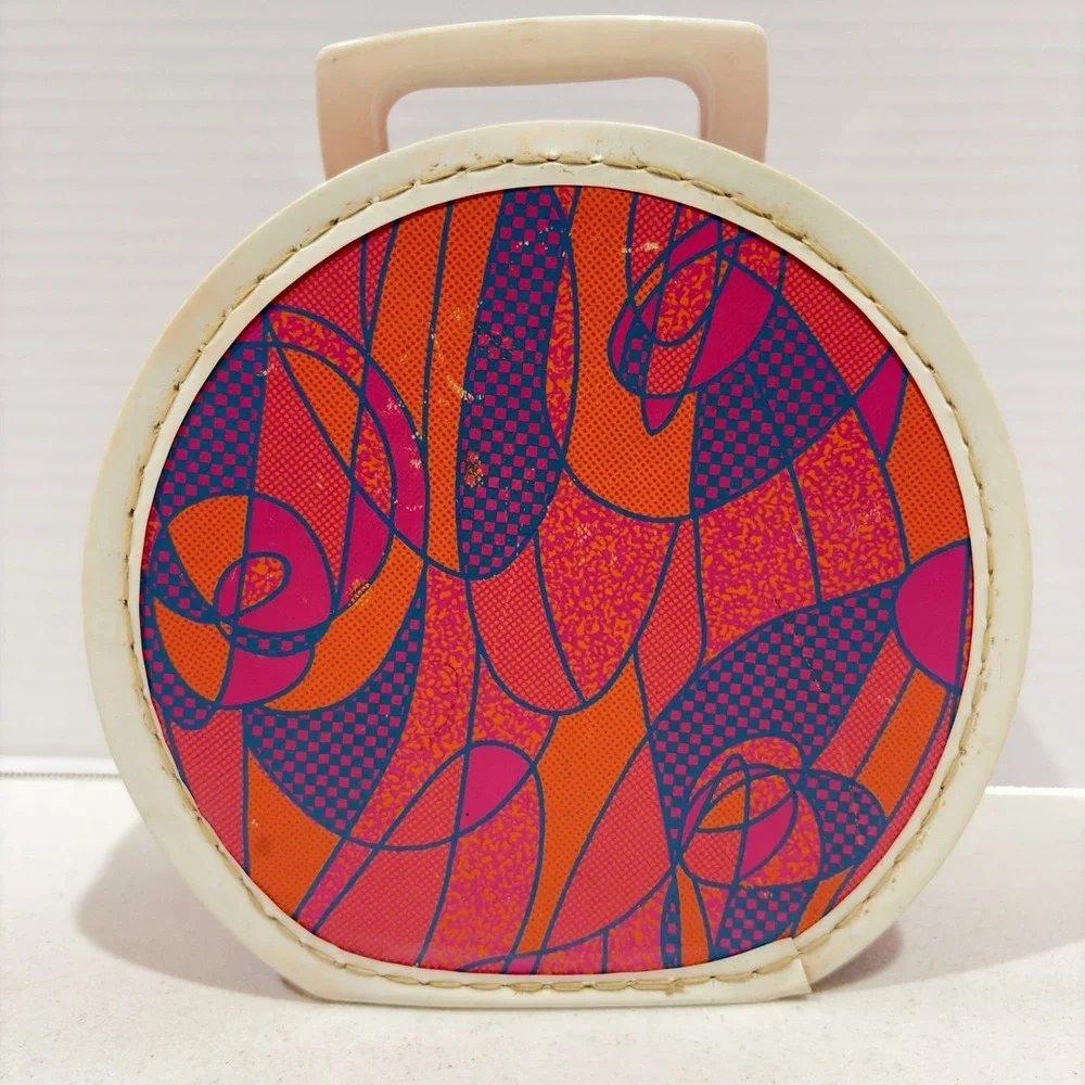 Vintage 1970's Mod Psychedelic Round Doll Case Hat Box Child's Suitcase Pink